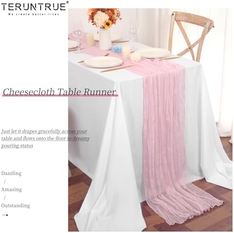 Teruntrue 20 Pack Light Pink Cheesecloth Table Runner 17x108 Inch, Boho Gauze Sheer Fabric Cheese Cloth Table Runners for Wedding Party Bridal Shower Baby Shower Birthday Home Decor Garden Farmhouse - Image 5