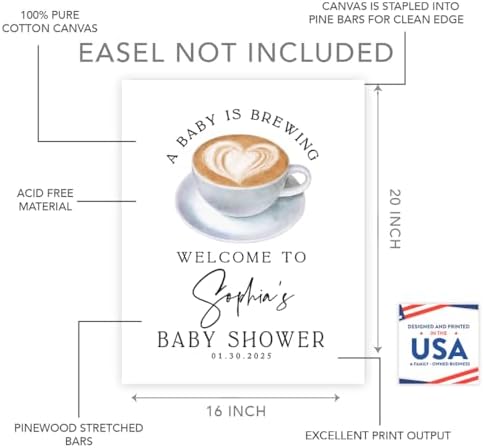 Andaz Press Personalized A Baby is Brewing Baby Shower Decorations, Minimal Heart Latte Mug Welcome Sign Decor Coffee Themed, Brewing Coffee Decorations, 16x20 Inch - Image 2