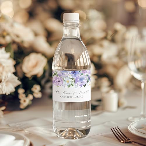 Personalized Water Bottle Labels with Choice of 30 Flower Styles - Choose Font and Pre-Made Phrases or Design Custom Text - LABELS ONLY (023 Purple Flowers, 2 inch (8.5x2")) - Image 2