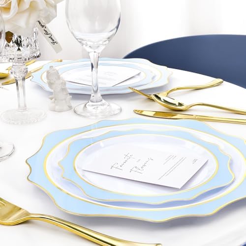realluck 100Pcs White & Blue Plastic Plates for 50 Guests - Image 5