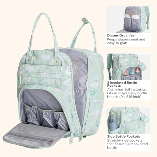 BabbleRoo Diaper Bag Backpack - Baby Essentials Travel Tote - Multi Function Water Resistant Diaper Bag, Travel Essentials Baby Bag with Changing Pad, Stroller Straps & Pacifier Case - Green Birdy - Image 4