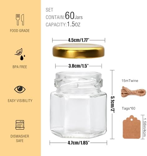 60 Pack Small Glass Honey Jar with Lid, 1.5 oz Mini Mason Jars for Party Favor, Wedding Favor, Baby Shower, Hexagonal Honey Containers for Jam, Spices, Herbs, Candy, Sample, Candle, Crafts - Image 2