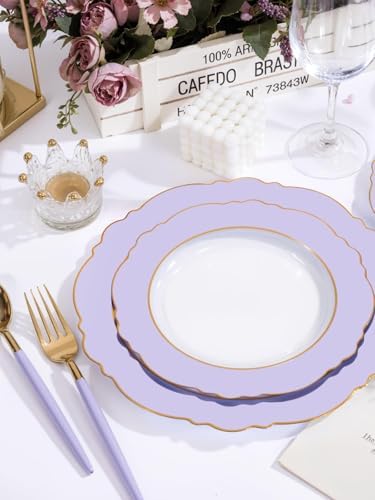 WDF 60pcs Clear Purple Plates Disposable with Gold Rim - Baroque Lavender Purple Plastic Plates for Party/Wedding/Bridal Shower - Image 6