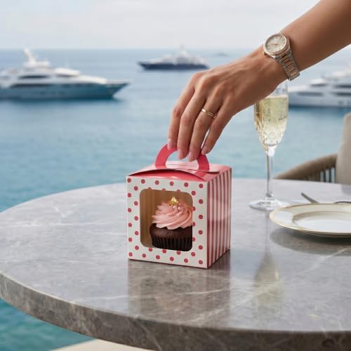 Restaurantware-Pastry Tek 4.5 Inch Individual Cupcake Boxes, 100 Polka Dots Cupcake Favor Boxes - Fits 1, With Window, Pink Paper Cupcake Gift Boxes, Built In Handle, For Weddings Or Parties - Image 5