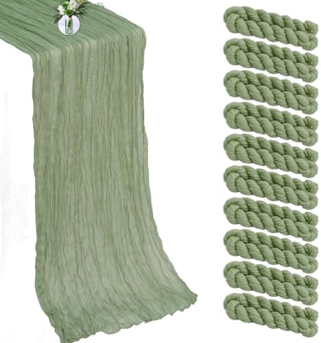 10 Pack New Sage Green Cheesecloth Table Runner -21*120Inch Long Boho Wedding Table Decor, Rustic Gauze Fabric Runner for Bridal Showers, Baby Showers & Parties (Sheer, Lightweight, Wrinkled Design) by MIRRASMIRROR