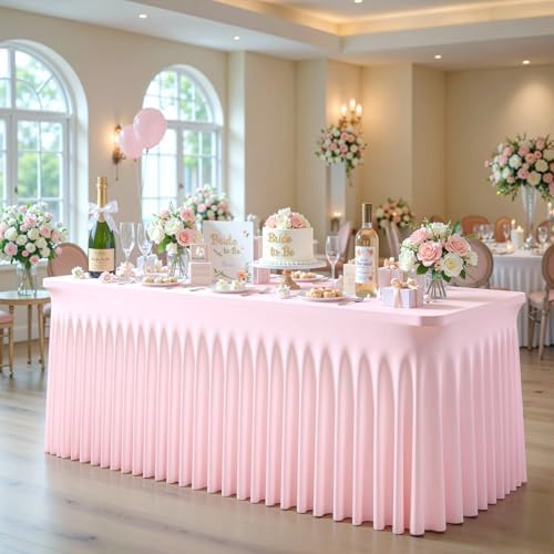 Pink Table Cloth for 8 Foot Rectangle Tables Fitted Stretch Spandex Table Cover with Skirt 8ft Baby Shower Birthday Party Banquet Ruffle Baby Pink Tablecloth Wedding Table Cloths Desk Skirt, 2 Pack - Image 3