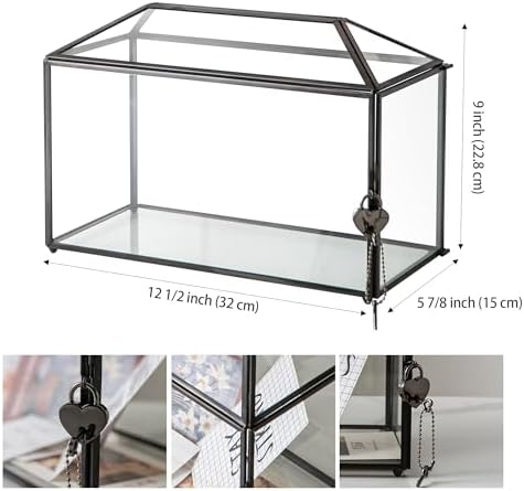 12.6" x 6" x 9" Wedding Glass Card Box with Slot and Lock for Wishing Well, Keepsake, Envelope - Birthday Party Reception Decor, Black (Glass Box Only) Slot Length 7.3 Inches - Image 4