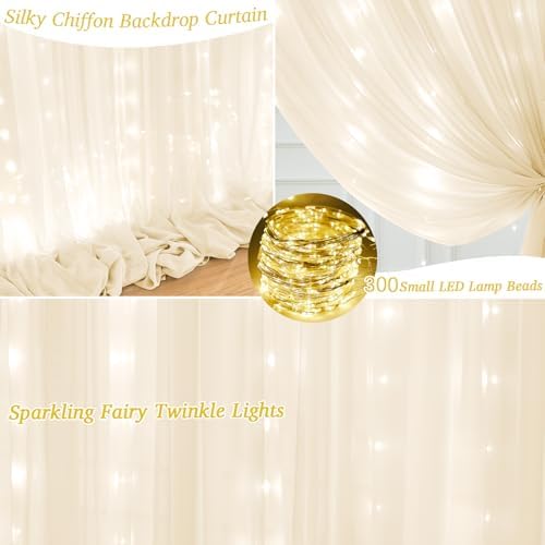 20ft x 10ft Ivory Chiffon Backdrop Curtain with Lights for Parties 4 Panels - Image 2