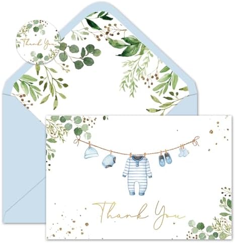 Whaline 100 Pack Baby Shower Thank You Cards Boxed Greeting Cards Blue Baby Cloth Note Card with Envelope Sticker for Birthday Gender Reveal by Whaline