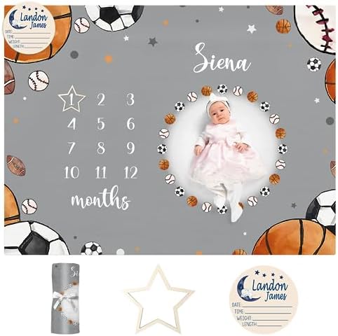 Personalized Baby Milestone Blanket for Boys Girls Baby Month Blanket- First Year Calendar Monthly Growth Chart -Football Print Halloween Birthday Gifts for Infant Todder(FixedSize) by Dyoart