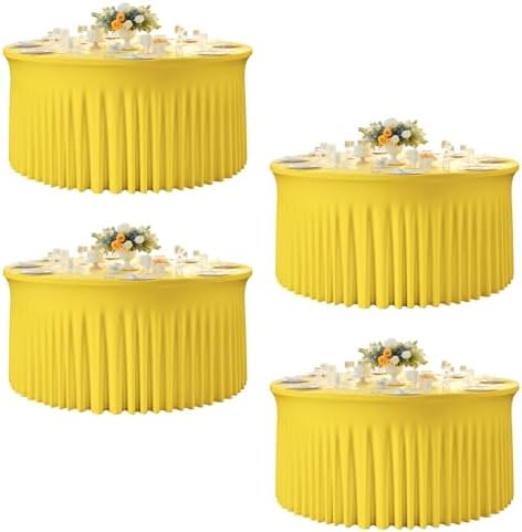 4 Pack 120 Inch Yellow Cloth Tablecloth for 5 FT Round Tables, Stretchy Fitted Circle Picnic Tables Cloths, Spandex Table Cover with Table Skirt for Wedding Photography Party Events Graduation by Creativepartyuniquedecorat