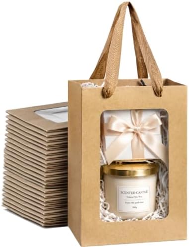 VAGREEZ Gift Bags with Clear Window, Reusable Small Medium Kraft Transparent Window Paper Bags with Handles in Assorted Colors and Bulk Pack for Party, Wedding, Birthday and Small Business, Brown / Small / 30 Pack by VAGREEZ