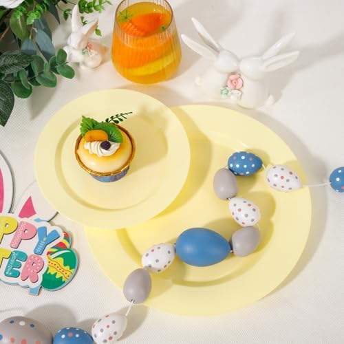 FLOWERCAT 200PCS Yellow Plastic Plates Disposable Plates for Party - Heavy Duty Plastic Plates - 100 10" Dinner Plates and 100 7" Salad Plates for Weddings, Easter Parties and Events - Image 6