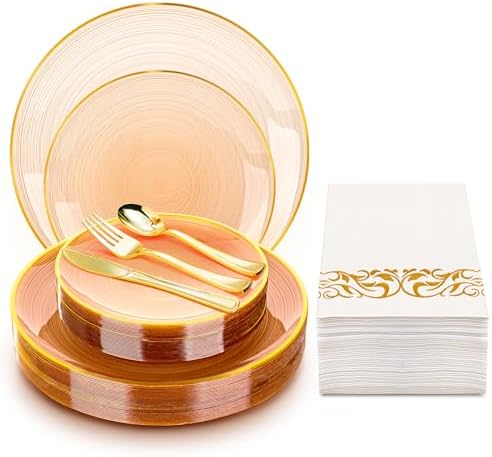 N9R 180PCS Orange Brown Plastic Plates Disposable, Fancy Dinnerware Set by N9RTABLEWARE