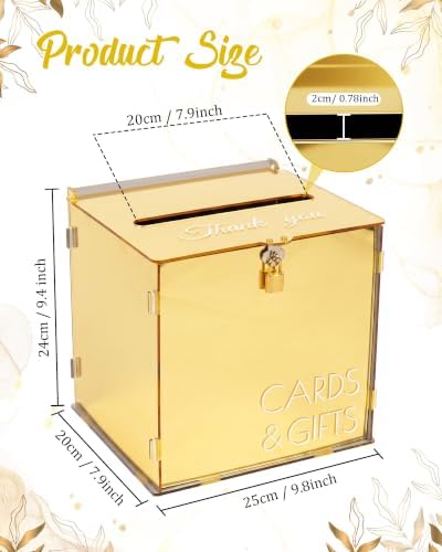 Gold Acrylic Wedding Card Box with Slot and Lock, Metallic Mirror Card Holder for Reception, Graduation, Bridal, Baby Shower, Birthday Party, Classy Golden Decorative Gift Boxes for Money Envelope - Image 3