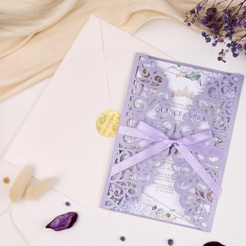 50PCS Wedding Invitation, Purple Hollow Laser Cut Custom Invitations - Image 3