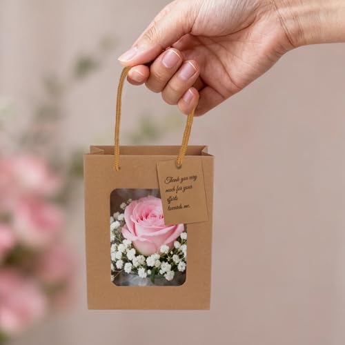UCEHIPAW 54 Pcs Brown Paper Gift Bags with Window, Handles and Tags, 7.5 x 3 x 6 In, Perfect for Wedding, Baby Shower, Birthdays, Parties - Image 3