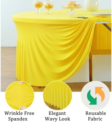 6 Pack Yellow Spandex Round Tablecloths for 72 inch Table, Wrinkle Free Stretchy 132inch Fitted 6FT Round Table Cover with Skirt for Wedding Party Dining Banquet - Image 4