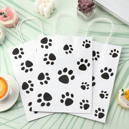 Tenceur 80 Pcs Dog Gift Bags Goodie Paw Puppy Paper Treat Bags Bulk with Handles 10.63 x 4.72 x 7.87 Inch Dog Themed Party Favors Shopping Holiday Kraft(White) - Image 6