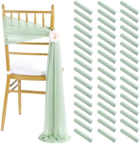Sage Green Wedding Chair Sashes: 48 Packs 8ft Long Sheer Draping Fabric - Wedding Outdoor Church Chair Aisle Decor by Fanqisi