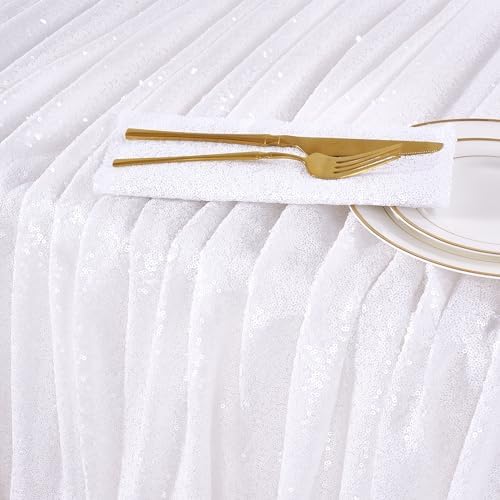 QueenDream White Wedding Tablecloth 90x90 Inch Sequin Fabric Table Cloths Rectangle Sparkle Anniversary Banquet Halls Christmas Decorations - Image 3