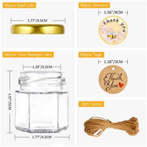 GIVAMEIHF Mini Glass Honey jars-1.5oz,60 pcs Hexagon Small Honey Jars,Bee Stickers,Tags,Jutes Rope,Mini Honey Jars with Lids,Perfect for Jams,Baby Shower,Wedding Favors,Party Favors(No Dippers) - Image 2