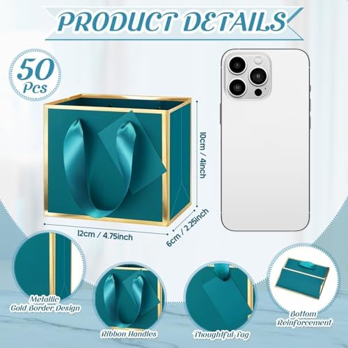Yeaqee 50 Pcs Mini Metallic Paper Gift Bags with Handle, Turquoise, Gold - Image 2