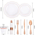 NOCCUR 350PCS Rose Gold Plastic Plates - Clear Rose Gold Disposable Dinnerware Set - Include 100 Dinner/Dessert Plates,50 Cups,50 Pre Rolled Napkins with Cutlery Set - Ideal for Party/Mother's Day - Image 3