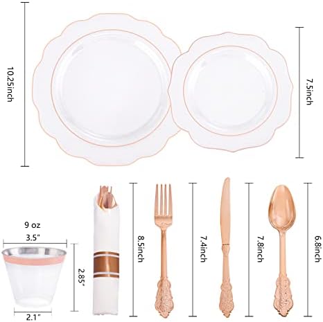 NOCCUR 350PCS Rose Gold Plastic Plates - Clear Rose Gold Disposable Dinnerware Set - Include 100 Dinner/Dessert Plates,50 Cups,50 Pre Rolled Napkins with Cutlery Set - Ideal for Party/Mother's Day - Image 3