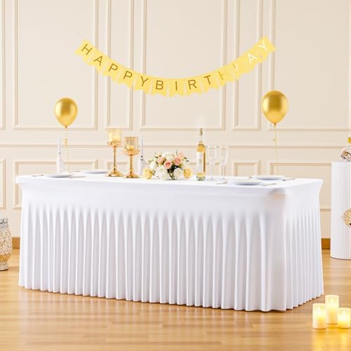 6 Pack 6ft White Spandex Table Cloths for Rectangle Tables Wrinkle Free White Rectangle Tablecloths, Stretch Fitted Table Cover with Skirt for Wedding Birthday Party Banquet Baby Shower Buffet Event - Image 2