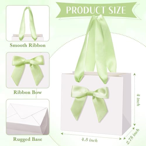 Kolldenn 50 Pcs Small White Gift Bags Bulk with Green Bow Ribbon Handles - Image 3