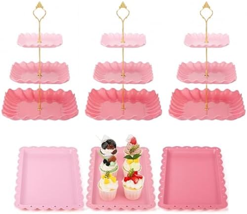 FoldTier 6 Pack Cupcake Stand Set 3 Pcs 3 Tier Gradient Dessert Table Display Stands Cookie Tray Rack 3 X14 in Rectangle Party Trays for Wedding Birthday Tea Party Baby Shower(Pink,Rectangle) by FoldTier