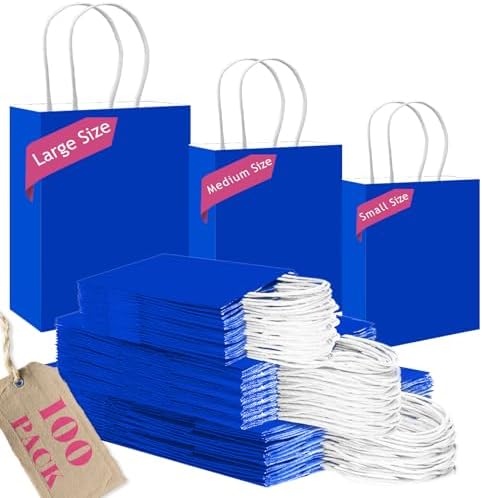 qiqee 100PCS Gift Bag with Handles Bulk Diamond Blue Paper Bags Assorted Sizes(33pcs Large 13",33pcs Medium 11",34pcs Small 8") by Qiqee