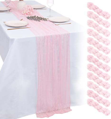 12 Pack Light Pink Cheesecloth Table Runners 21x120 Inch Boho Gauze Table Runner 10FT Long Rustic Sheer Pink Table Runner for Baby Shower,Wedding,Party,Birthday,Home Table Decor by Unknown