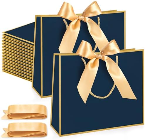 Silkfly 24 Pcs Paper Gift Bags with Handles & Bow Ribbon, Navy Blue, Gold by Silkfly