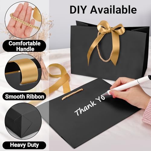 EUSOAR Thank You Gift Bags with Ribbons, 50pcs 12.5"x4.5"x11" Black Kraft Gift Paper Bags with Bow Ribbon Handle, Shopping Party Favor Gift Treat Bags Bulk for Wedding Baby Shower Guests Bridal - Image 3