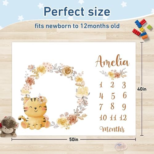 Personalized Baby Monthly Milestone Blanket Boy or Girl - Tiger Print Months Blanket with Wood Frame and Newborn Wooden Sign - Growth Chart Milestone Blanket 1-12 Month Milestones - Image 3
