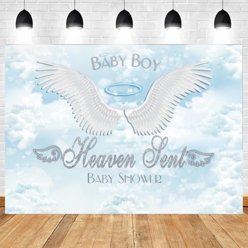 10x7ft Baby Shower Backdrop Baby Boy Heaven Sent Photography Background Angel Wings Blue Sky White Clouds Paradise Prince Boys Party Banner Decorations Newborn Gender Reveal Photo Booth Prop - Image 2