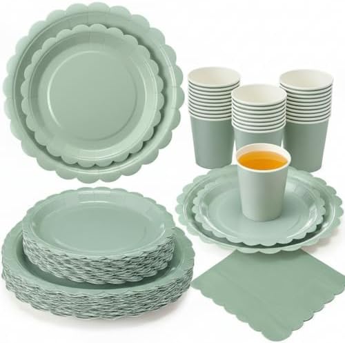 Ziliny 250 Pcs Sage Green Plates and Napkins, 50 Guest Spring Easter Party Supplies Include 9" 7" Scalloped Paper Plates Napkins Cups Disposable Tableware Set for Birthday Party Baby Shower by Ziliny