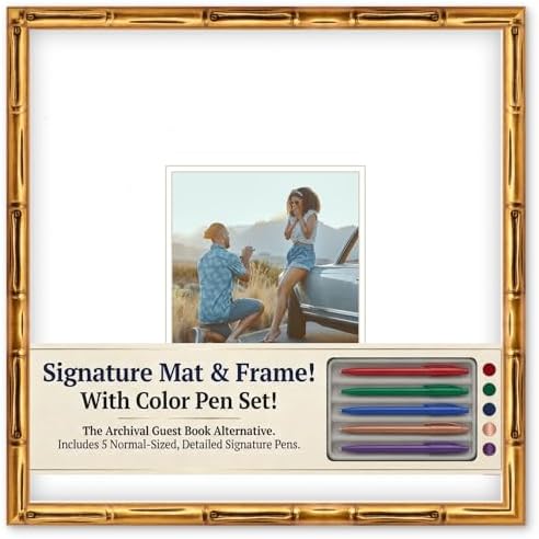 CountryArtHouse Signature Keepsake Frame - Square Mat Window - Gold Bamboo Genuine Hardwood 20x20 8x8 Photo - White Double Mat - Gel Pens Included for Guest Signing by CountryArtHouse