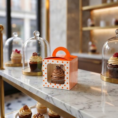 Restaurantware Pastry Tek 4.5 Inch Individual Cupcake Boxes 100 Polka Dots Cupcake Favor Boxes - Fits 1 With Window Orange Paper Cupcake Gift Boxes Built In Handle For Weddings Or Parties - Image 4