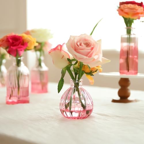 Pink Vase, Glass Bud Vases Set of 12, Small Pink Glass Vases for Flowers Colored Ribbed Flower Vase for Decor Bud Vase in Bulk Vintage Decor Bridal Shower Wedding Centerpieces Home Table Decoration - Image 4