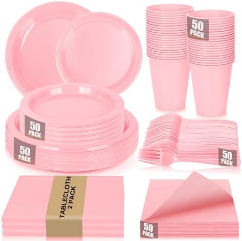 Pink Plastic Party Plates 50 Guest Disposable Pink Dinnerware for Birthday by UseOnceDoneRight
