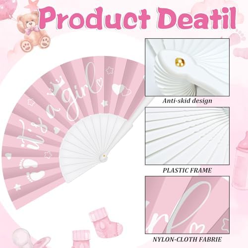 Cinrobiye 24 Pcs Baby Shower Folding Hand Fans for Guest Bear Baby Shower Hand Fans Colorful Foldable Handheld Fan for Gender Reveal Baby Shower Celebration Party Favors Supplies(Pink) - Image 3