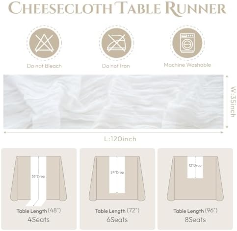 Sioloc Ivory White Cream Cheesecloth Table Runner 120'' x 35'',Spring Easter Decor Soft Gauze Boho Wedding Table Decor for 10ft Table Birthday Party,Baby Shower, Bridal Shower, Home & Event Decor - Image 6