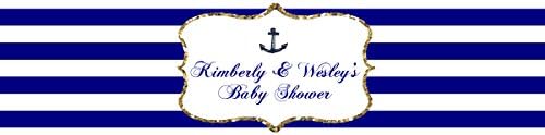 Navy Blue, White & Gold Frame with Nautical Anchor Water Bottle Labels Wedding Birthday - Image 2
