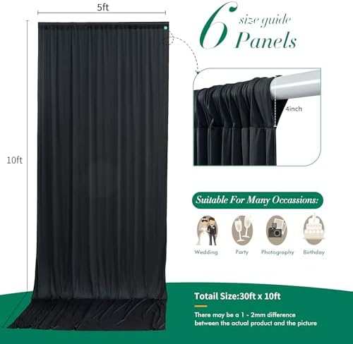 30 ft x 10 ft Wrinkle Free Black Backdrop Curtain for Parties, 6 Panels 10ft Polyester Black Photo Backdrop Drapes for Graduation Birthday Wedding Party Stage Curtains, Thick Bulk Background Curtains - Image 5