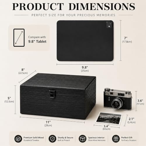 Keepsake Box,Large Acacia Wooden Memory Box Jewelry Box and Photo Storage Box for Wedding Baby Shower Decorative Storage Treasure Boxes with Lids (Black) - Image 4