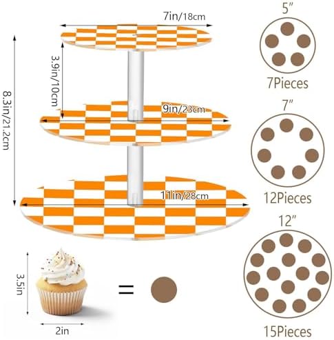 J JOYSAY Checkerboard Orange White Pattern Acrylic Cupcake Stand 3 Tier Dessert Table Display Set Clear Cake Stands for Wedding Party Baby Shower Decorations Easy Assembly Macaron Tower - Image 3