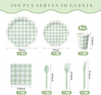 350 PCS Sage Green Gingham Disposable Dinnerware Set, Decagonal Paper Plates 7 & 9 Inch, Napkins, Cups & Cutlery, Checkered Party Supplies for Easter Baby Shower Wedding Picnic - Image 3